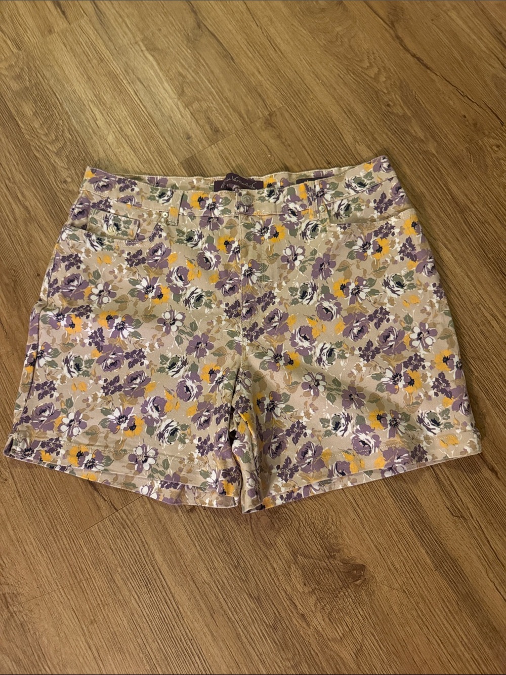 Gloria Vanderbilt Floral Jean Shorts - Purple, Yellow & Cream